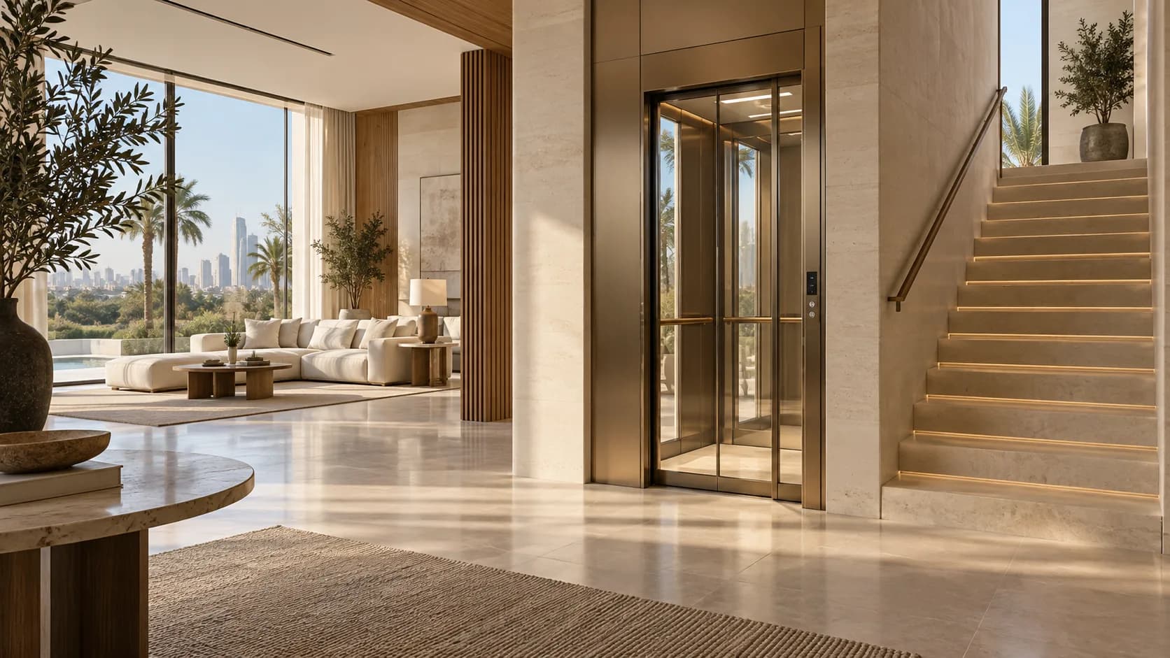 تصور معماري توضيحي لمصعد منزلي داخل فيلا